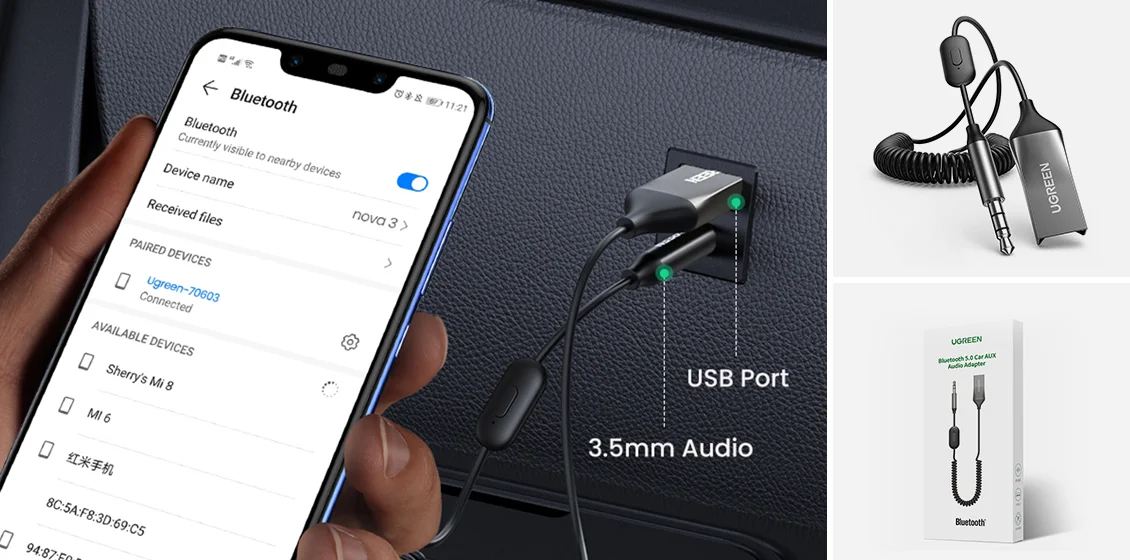 UGREEN Car Bluetooth 5.0 AUX Adapter Audio Receiver USB