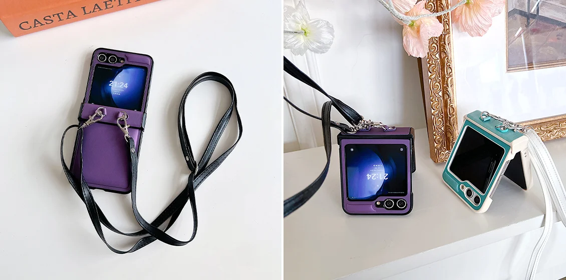 Samsung Galaxy Z Flip5 5G Case PU Phone Cover with Crossbody Strap