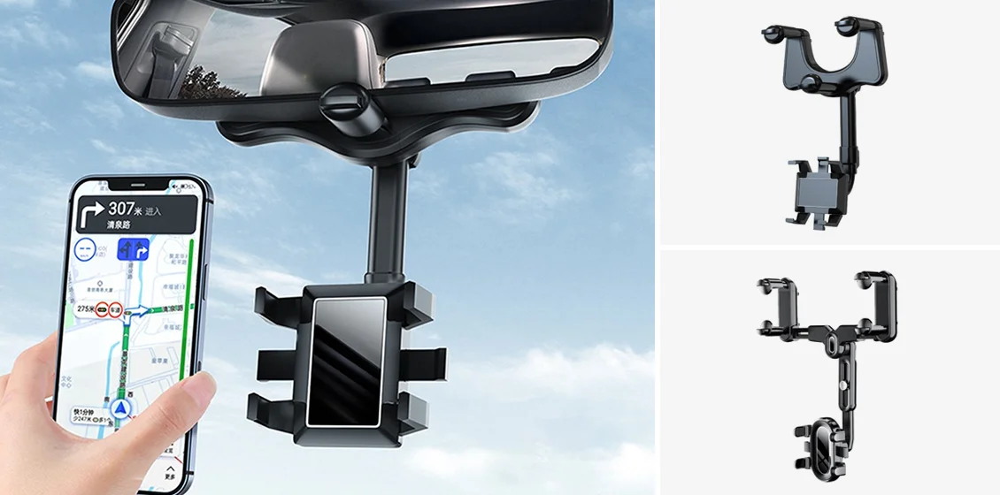 Car Rearview Mirror Phone Holder with an adjustable telescopic arm