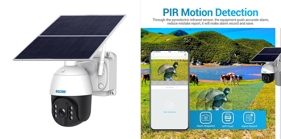ESCAM QF724 Solar Power 3.0MP Camera Two-Way Audio Talk PIR Night Vision Surveillance PT Camera - EU Plug