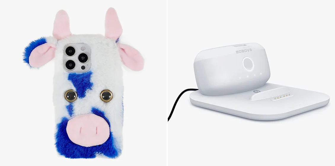iPhone 15 Pro Max Milk Cow Ear Soft Winter Warm Cover and BOBOVR BD2-1 Dual Charging Station