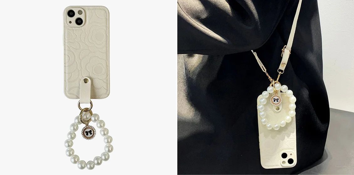 iPhone 14 Plus Camellia Pattern Pearl Chain Phone Case
