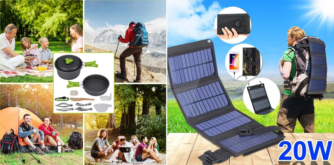 20W Foldable Solar Panel Portable Power Station Generator USB Charger - Black