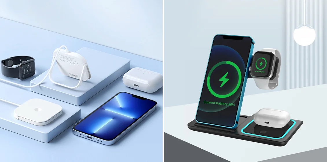 DUZZONA W7 3-in-1 Magnetic Wireless Charger with Folding Stand and X455 Foldable 3-in-1 15W Wireless Charger Desktop Qi Fast Charging Stand Dock