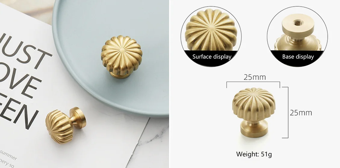 Nordic Pumpkin Shape Golden Brass Handle Cabinet Pull Knob Furniture Decor with 25mm Screw, Size S