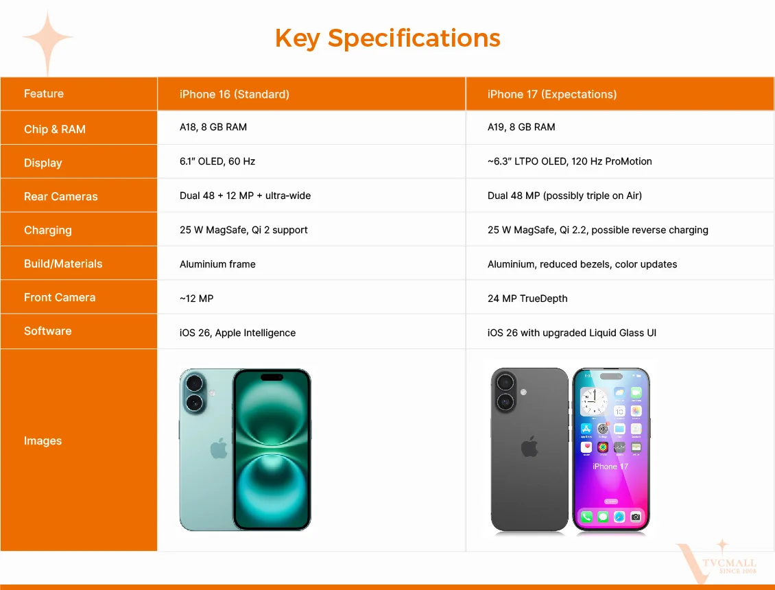 iPhone 16 vs iPhone 17 key specs tvcmall