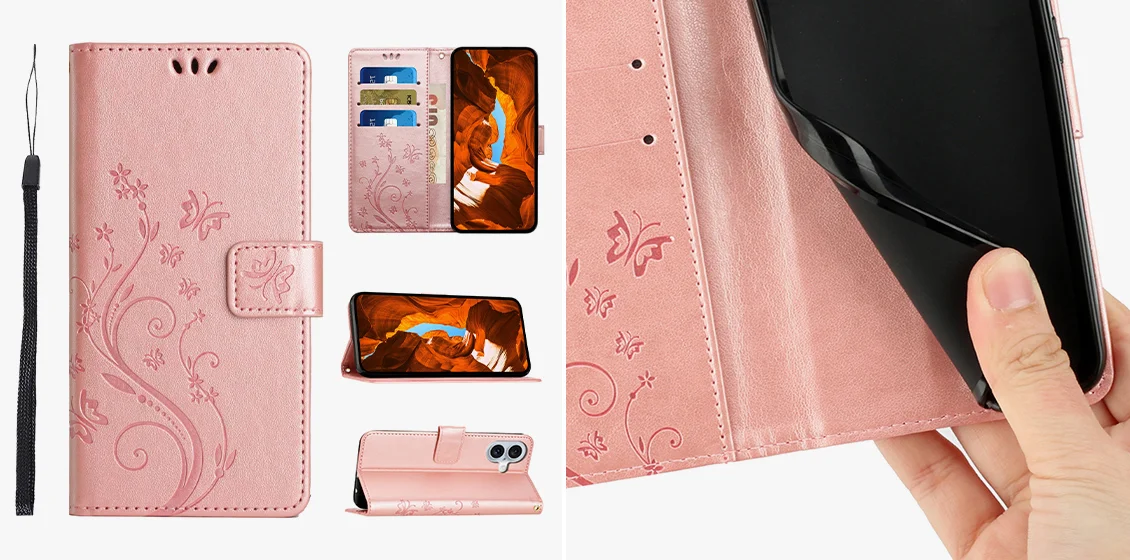 iPhone 16 Plus Case Wallet PU Leather Butterfly Floral Phone Cover with Strap