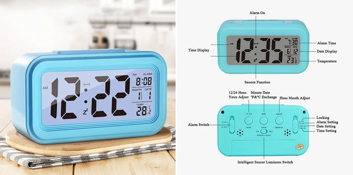Digital LED Alarm Clock Battery Powered with Date Calendar Temperature - Black