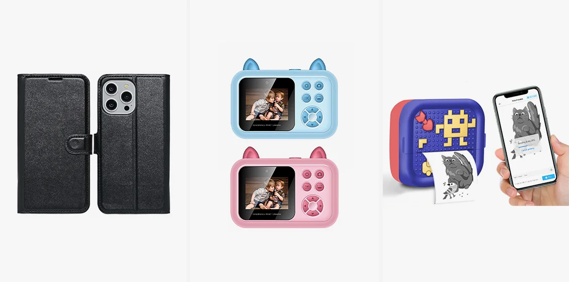 eco-friendly cell phone cases, kids' cameras, printers