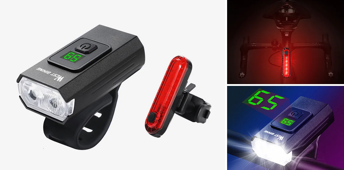 WEST BIKING YP0701384 Night Cycling Bicycle Headlight Digital Display Bike Front Light with Tail Light