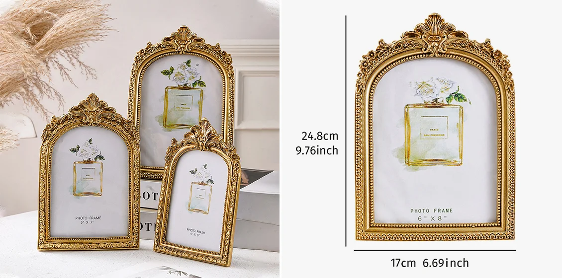 8 Inch European Style Golden Arch Resin Photo Frame for Picture Display Tabletop Decoration