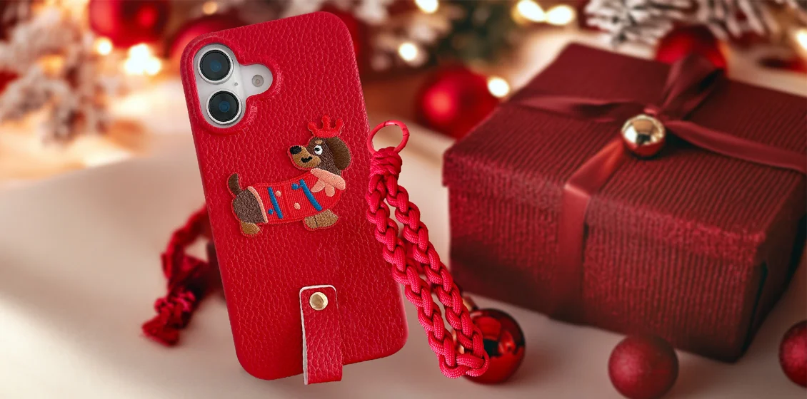 Christmas Design Cute Dog Pattern Cover with Braided Handy Strap