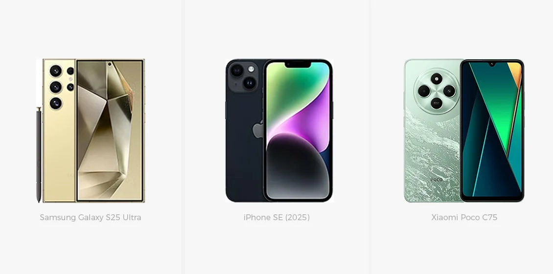 samsung galaxy s25 ultra, iPhone se 2025 and xiaomi poco c75