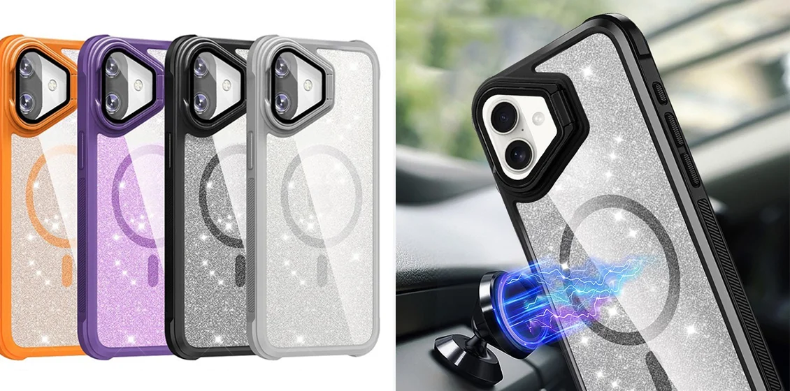 For iPhone 16 Glitter Phone Case Compatible with MagSafe Sparkling Cover with Lens Cover Kickstand
