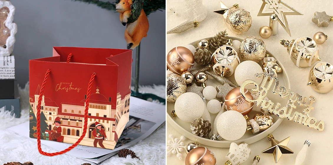 5PCS Christmas Gift Bags Paper Tote Bags and 70Pcs Plastic Christmas Ball Star Ornaments