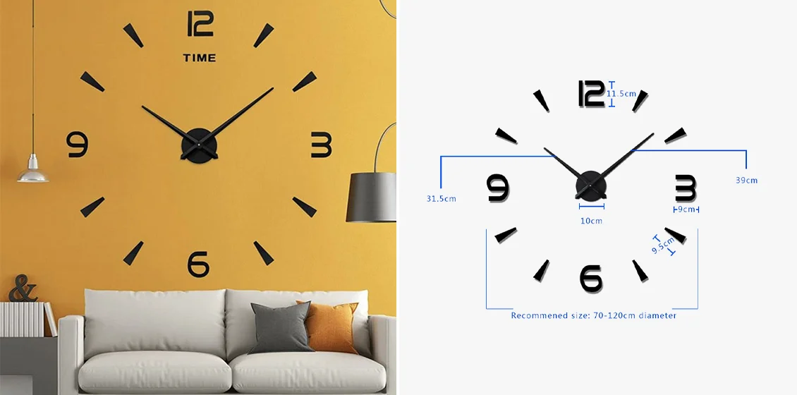 DIY Wall Clock Living Room Wall Decorative Sticker Clock - Black