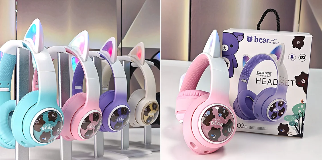AKZ-02D Glowing Cat Ear Headphone Bluetooth-Compatible Wireless Deep Bass Gaming Headset